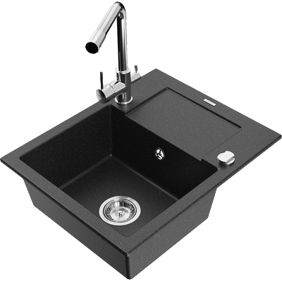 Mexen Enzo мивка от гранит с 1 камера и отцедник и кухненски смесител Duero, черен/сребрист металик - 6506-73-671600-00 (6506-73-671600-00)