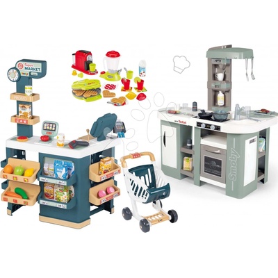 Smoby Set kuchynka elektronická s bublaním Tefal Studio Kitchen XL Bubble 360° a obchod Super Market s pokladňou a kuchynské spotrebiče