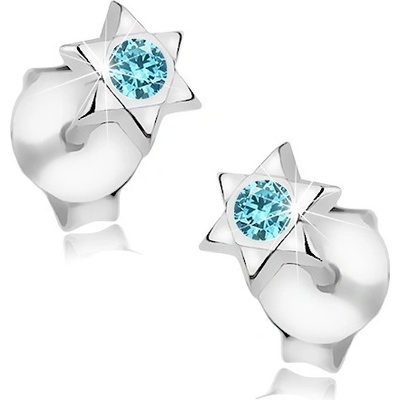 Šperky eshop náušnice ze stříbra lesklá šesticípá hvězda modrý krystalek Swarovski I38.18