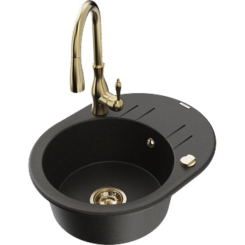 Mexen Kevin гранитна мивка с 1 отделение и сушилник и кухненски смесител Savita, черен/златен металик - 6517-75-672601-50 (6517-75-672601-50)