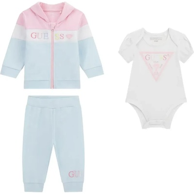 Guess Суичър в розово и синьо, спортен панталон и бяло късо боди за новородено момиче Guess