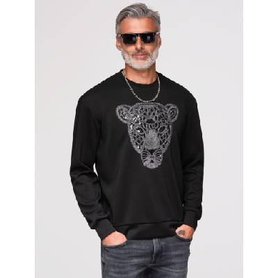 Ombre Clothing Мъжки суитшърт със сребърна и черна аплика пантера на гръдта с кръгло деколте - черен V1 OM-SSNZ-0273 Ombre Clothing Ombre Clothing | Cheren | МЪЖЕ | M