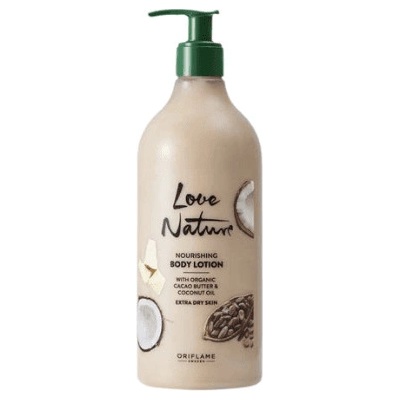 Oriflame Love Nature Povzbuzující tělové mléko s bio kakaovým máslem a kokosovým olejem 750 ml