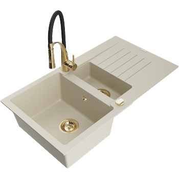 Mexen Matias гранитна мивка 1, 5-коморен с отцедник и кухненски смесител Aster, бежов - 6502-69-73450-57-G (6502-69-73450-57-G)