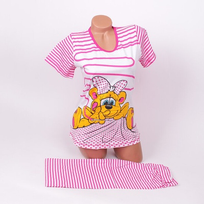 Дамска пижама в бяло и розово с райе и апликация