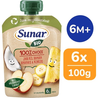 Sunar BIO ovocná kapsička Jablko, banán, ananas, kokos 100g – Hledejceny.cz