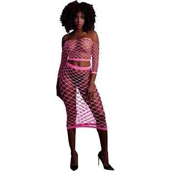 Ouch! Glow in the Dark Long Sleeve Crop Top and Long Skirt Neon Pink XL-4XL