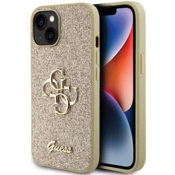 GUESS Блестящ Калъф за iPhone 15, GUESS Glitter Script Big 4G Case, Златист (GUHCP15SHG4SGD)