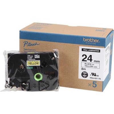 Brother HGe-651, 24mm x 8m, 5ks, čierna tlač / žltý podklad, originálná páska