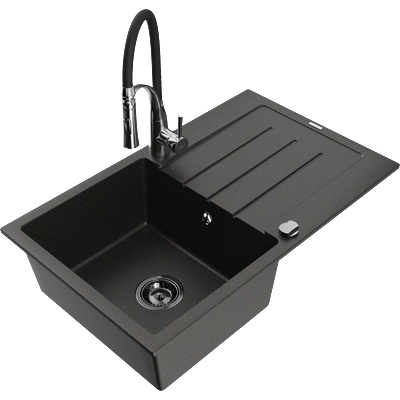 Mexen Bruno гранитна мивка с 1 отделение с отцедник и кухненски смесител Aster, черен/златист металик - 6513-75-73450-07-B (6513-75-73450-07-B)