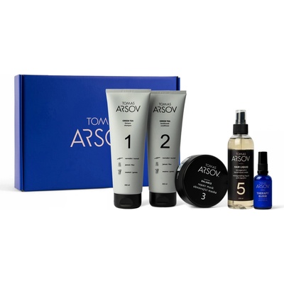Tomas Arsov Péče o kudrnaté jemné vlasy GREEN TEA Šampon 250 ml + Kondicionér 250 ml + BALANCE Obnov. maska 100 ml + Marulový olej s vitamínem E 50 ml + HAIR LIQUID Kerat. voda 200 ml dárková sada