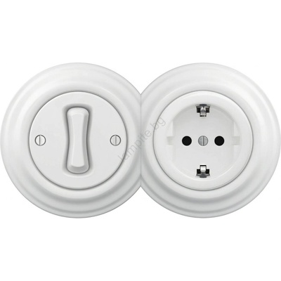Reblig - Ретро еднополюсен ключ № 1 и гнездо SCHUKO 230V с рамка, снежнобял (RG0152E)