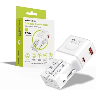 Mobile Origin Захранване с USB-C и USB-A изхода и преходници за цял свят в едно устройство за мобилни устройства - Mobile Origin PW25 GaN World Travel Adapter 35W (бял) (MO-PW25-WHT)
