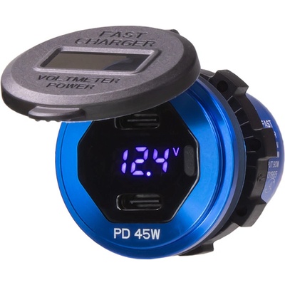 34595 2x USB-C nabíječka s voltmetrem/wattmetrem, hliníková do panelu, 90W