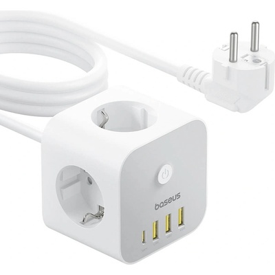 Baseus PowerCombo Wall Power Strip With USB-C Hub 20W - разклонител с 3 изхода и вградени 1хUSB-C и 3хUSB-A изхода за мобилни устройства (бял)