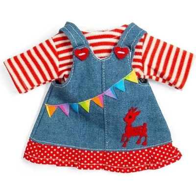 Bigjigs Toys Džínové šaty s laclem a pruhovaným tričkem pro panenku 28 cm