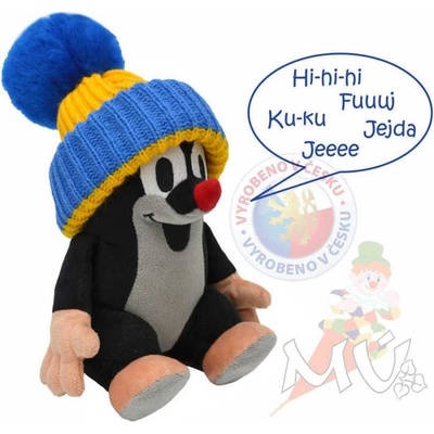 Moravská Ústředna Brno Krtko 20 cm hovoriaci modrý čiapka plyš Zvuk