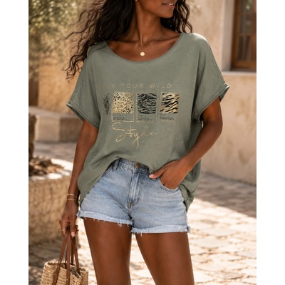 Fashionweek Dámska oversize blúzka s zlatou potlačou IT LOMA Khaki