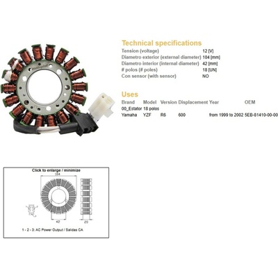 DZE stator (vinutí) alternátoru YAMAHA YZF 600 R6 99-02 (5EB-81410-00-00)