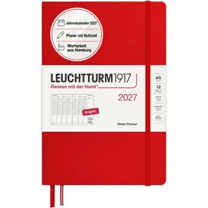 Leuchtturm1917 Weekly Planner 2027 Medium (A5) - English, Cherry, 210 x 145 mm, January-December (12 months), weekly overview with hourly grid 7: 00-22: 00 per column, hardcover, 80 g/m2 paper - 400314 (400314)