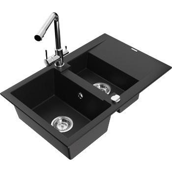 Mexen Gaspar мивка гранитна 1, 5-коморна с отцедник и кухненски смесител Duero, черна - 6507-77-671600-00 (6507-77-671600-00)