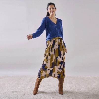 Voálová plisovaná sukňa s potlačou pre nižšiu postavu bronzová/modrá