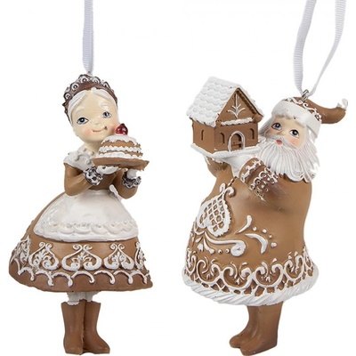 2ks hnědá vánoční ozdoba perníčkový Santa se Santovou 9*7*13 cm 8*6*13 cm Clayre & Eef