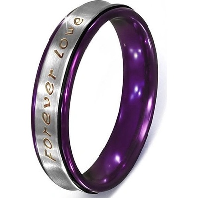 Šperky eshop Stříbrný prsten z oceli text Forever Love fialové okraje L5.01