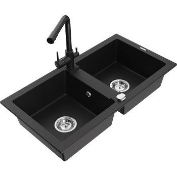 Mexen Mario гранитна мивка с 2 камери с кухненски смесител Duero, черен - 6504-77-671600-70 (6504-77-671600-70)
