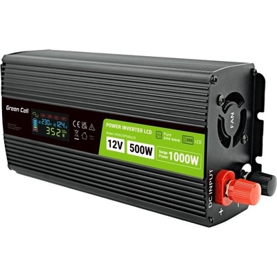 Green Cell Przetwornica napicia PowerInverter LCD 12 V 500W/1000W Przetwornica samochodowa z wywietlaczem - czysty sinus захранващ адаптор и инвертор Автоматичен Черен (INVGC12P500LCD)