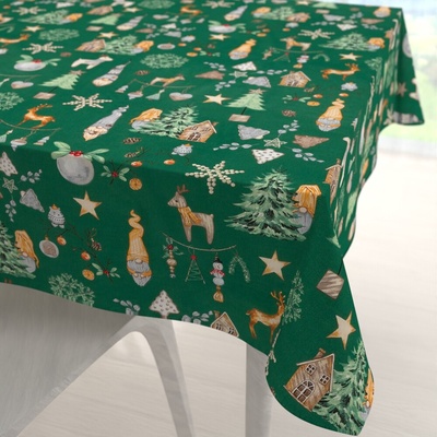 Biante Vianočný bavlna štvorcový obrus Sandra SA-508 Vianoční škriatkovia a ozdoby na zelenom 110x110cm