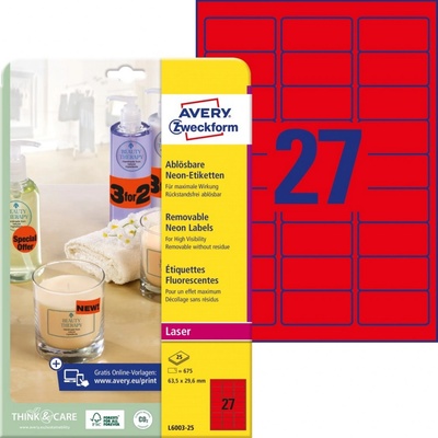 Avery Zweckform Neonové etikety pro laser 25 listů A4 červené 63,5 x 29,6 mm snímatelné L6003-25