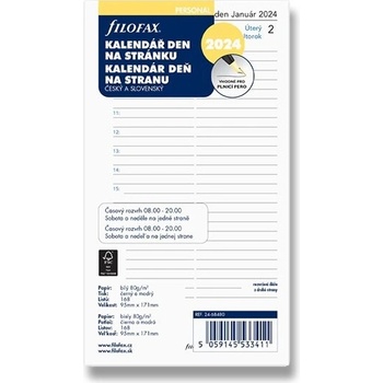 Filofax Denní kalendář 2024, den 1 strana náplň osobních diářů A6