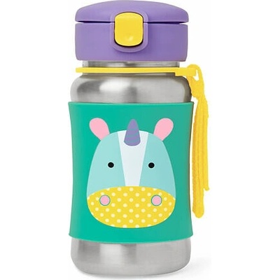 SKIP HOP Zoo detská nerezová fľaša na vodu so slamkou Jednorožec 12m+ 350 ml