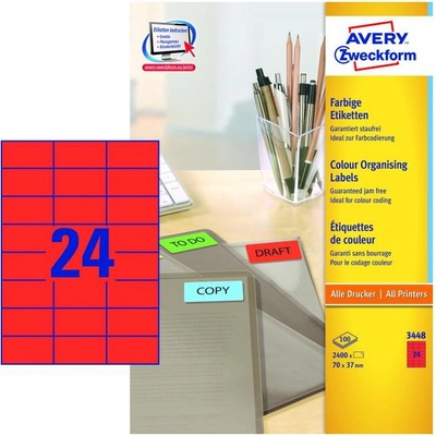 Avery-Zweckform 3448 etikety 70 x 37 mm papier červená 2400 ks trvalé univerzálne etikety 100 listov A4; 3448