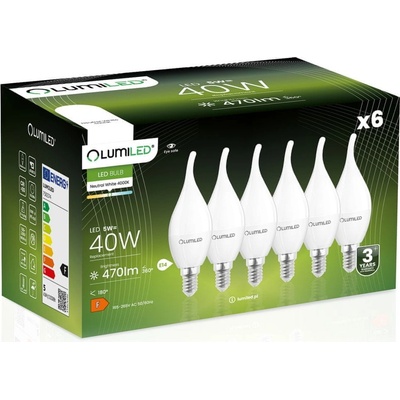 Lumiled 6x LED žiarovka E14 BA35 5W = 40W 470lm 4000K Neutrálna biela 180°