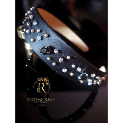 Radi handmade Широка диадема с черни камъни и сребристи кристали (674)