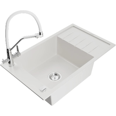 Mexen Elias еднокамерна гранитна мивка с отцедник и кухня батерия Duo, бял - 6511-20-671701-02 (6511-20-671701-02)