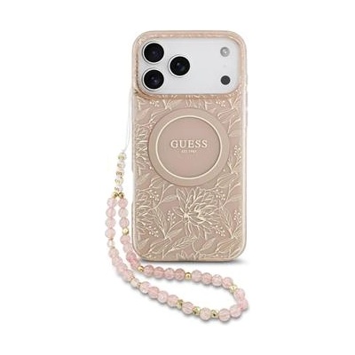 GUESS Дизайнерски кейс Guess IML Flowers Allover Strap MagSafe Case за iPhone 17 Pro Max - Pink