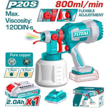 TOTAL Акумулаторен пистолет за боядисване TOTAL, 20 V, 1 L, 2 Ah, комплект (TL TSGLI20042E)