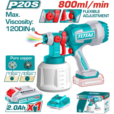 TOTAL Акумулаторен пистолет за боядисване TOTAL, 20 V, 1 L, 2 Ah, комплект (TL TSGLI20042E)