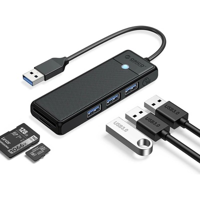 USB rozbočovač Orico PAPW3AT-U3, 4 porty, 3x USB-A 3.0, s čtečkou karet microSD/SD, 1 m – černý