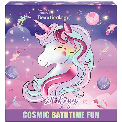 Baylis & Harding 24 Days of Beauty Unicorn Candy pena do kúpeľa 30 ml + Unicorn Candy telové maslo 30 ml + Unicorn Candy sprchový krém 30 ml + Unicorn Candy krém na nohy 30 ml + Unicorn Candy šampón 3
