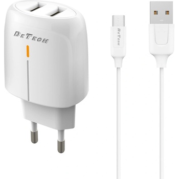 DeTech Мрежово зарядно устройство DeTech DE-32QCM, 18W, С Micro USB кабел, 2 x USB F, QC, Бял - 40325 (40325)