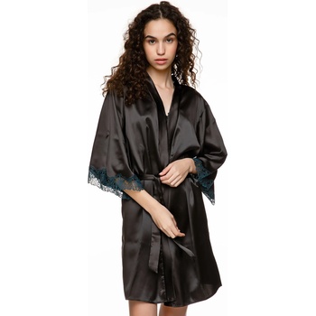 Satin robe черна с тъмносиня бродерия на ръкавите (6087_200_XXL)