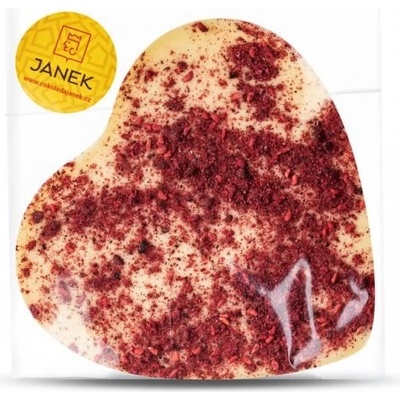 Čokoládovna Janek Velké bílé srdíčko s drcenými lyofilizovanými malinami a ostružinami 9 x 9 cm 60 g