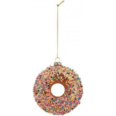 Clayre & Eef Vánoční skleněná závěsná ozdoba hnědý donut Ø 10*4 cm