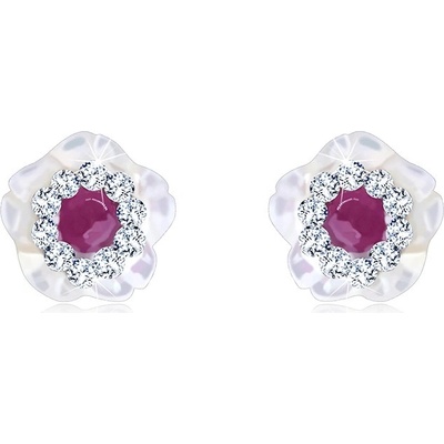 Šperky eshop ve zlatě kvítek z přírodní perleti rubín Swarovského krystalky S1GG45.13