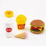Swede Kitchen set food products hamburger with ice cream fries and drink