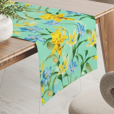 Biante Teflonový běhoun TF-082 Žluto-modré lilie na mintovém 45x140 cm